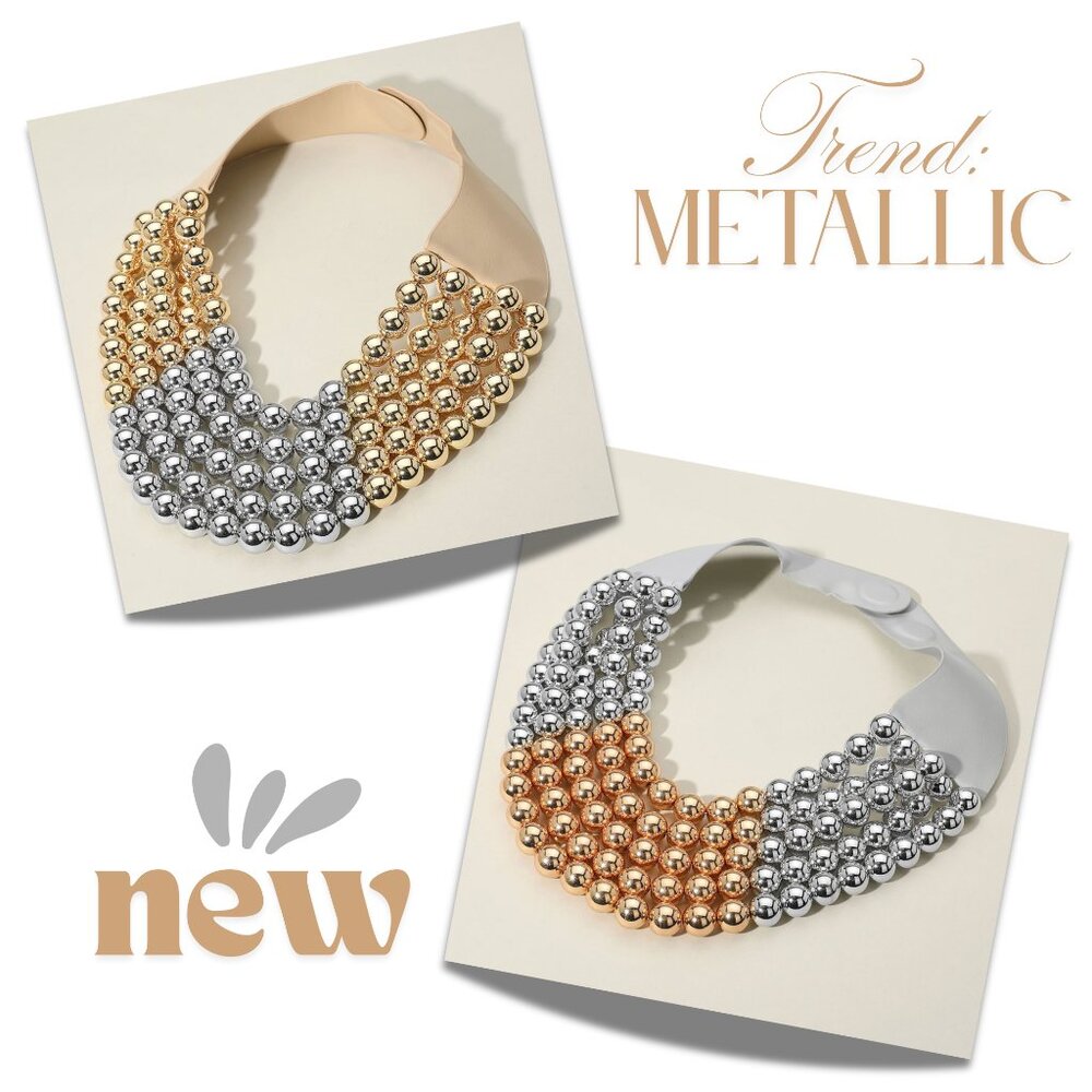 2-Tone Metallic NEW Stunning Shine Beaded 7-Strand Bib Gold Silver Necklace